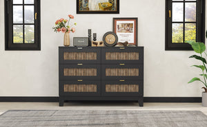 English Elm Rustic Farmhouse Wooden Dresser with 6 Drawers and Metal Handles — Spacious Storage, Stylish Bedroom Accent Black 52.17 L x 18.5 W x 11.81 H WF530908AAB