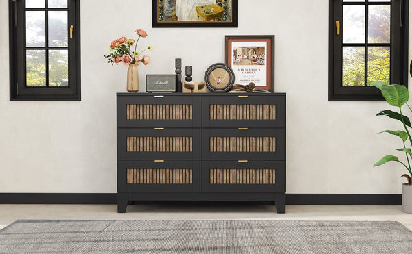English Elm Rustic Farmhouse Wooden Dresser with 6 Drawers and Metal Handles — Spacious Storage, Stylish Bedroom Accent Black 52.17 L x 18.5 W x 11.81 H WF530908AAB