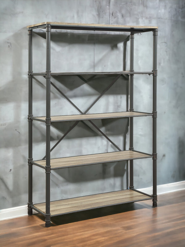 English Elm Itzel Industrial Steel Frame Bookshelf with Warm Oak Veneer Shelves for Home Office B2726P256219