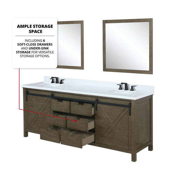 English Elm Rustic Brown Double Bath Vanity 80" W x 22" D with Cultured Marble Top, Matte Black Faucets & Mirrors B2731S01122