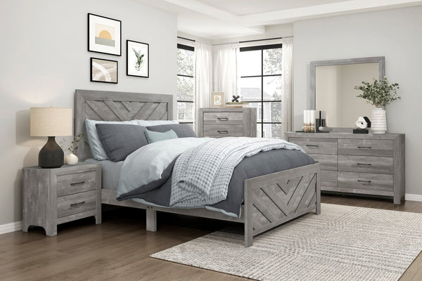 English Elm Contemporary Rustic V-pattern Queen Panel Bed Tall Headboard Engineered Wood Grain Gray B011P250482