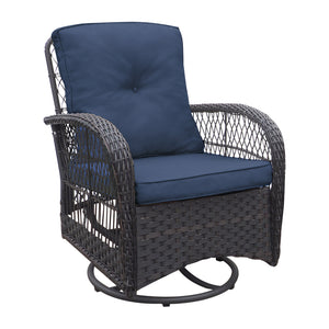 English Elm 3 Pieces Conversation Set, Outdoor Wicker Rocker Swivel Patio Bistro Set, Rocking Chair With Glass Top Side Table,Navy Blue