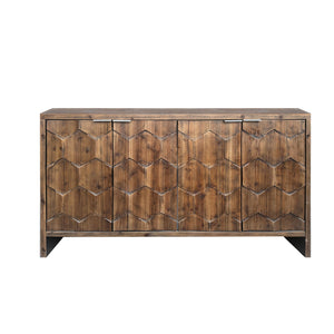 English Elm Accent Farmhouse Sideboard with Fluted Four Door Wood Storage for Dining or Entryway W1435P216113