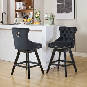 English Elm Swivel Velvet Barstool with Tufted Back, 360° Swivel, Plush Foam & Steel Spring Seat, Sturdy Wood Frame (Set of 2) Black W1143P241332