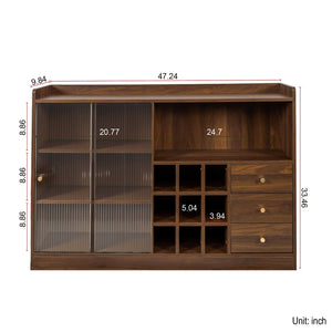 English Elm Sideboard Modern Sliding Striped Glass Doors, Freestanding Storage Cabinet for Wine Bottles and Bookshelf Organizer W331P286248