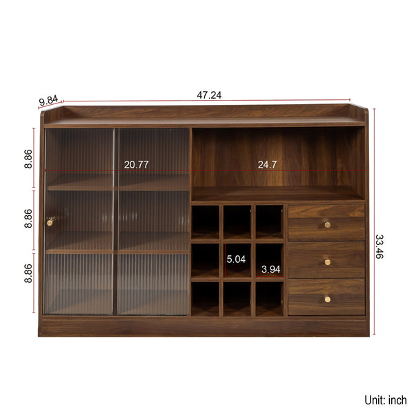 English Elm Sideboard Modern Sliding Striped Glass Doors, Freestanding Storage Cabinet for Wine Bottles and Bookshelf Organizer W331P286248