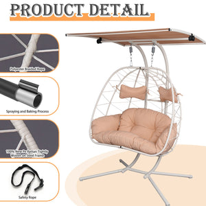 English Elm 2-person Wicker Egg Hanging Chair with Canopy Steel Stand Outdoor Patio Swing T5880P502246