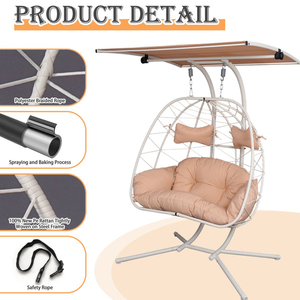 English Elm 2-person Wicker Egg Hanging Chair with Canopy Steel Stand Outdoor Patio Swing T5880P502246