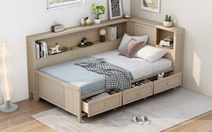 English Elm Twin Wood Daybed with 3 Drawers & Open Shelves, Antique White Milk Finish — Storage, Classic Charm, Twin Size Craftsmanship GX002213AAK