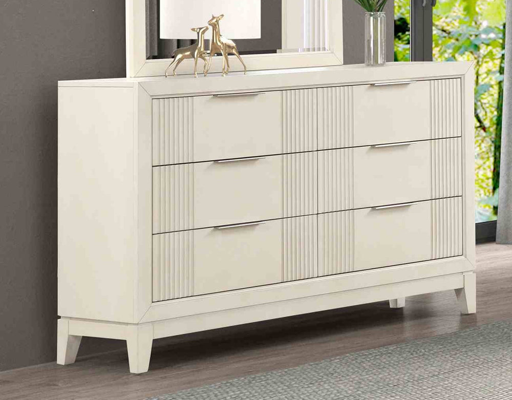 English Elm Antique White Solid Wood Dresser Fluted Panels Chrome Pulls Dovetail Bedroom Storage B2741P491737