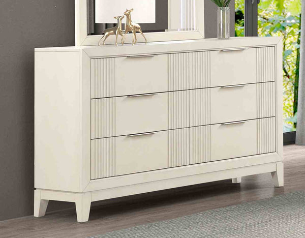 English Elm Antique White Solid Wood Dresser Fluted Panels Chrome Pulls Dovetail Bedroom Storage B2741P491737
