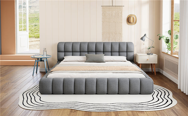 English Elm King Channel Stitched Linen Platform Bed Low Profile Contemporary Upholstered Frame Gray N737P387605E