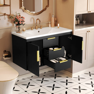English Elm 36'' Wall Mounted Bathroom Vanity with Sink, Floating MDF Cabinet, 2 Drawers, Rust-Resistant Handles Black N710P253035B