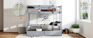 English Elm Twin Bunk Bed With Drawers - Space-Saving Convertible Twin Over Twin Design In Grey With Safety Features W504S00198-GIGA