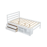 English Elm Full Size Wood Platform Bed With Removable Storage Shelves, Built-In Two Storage Drawers For Added Convenience, White