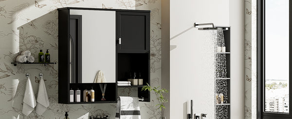 English Elm 29'' Modern Wall Mounted Medicine Cabinet with Mirror, Spacious Adjustable Shelves, Towel Bar and Durable MDF Finish Black N710P209440B