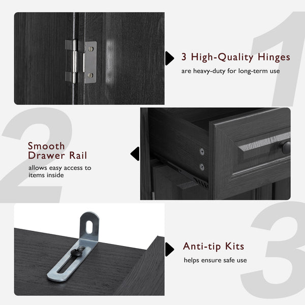 English Elm K&K 71" Tall Farmhouse Pantry Cabinet with Groove Edges, 3 Pull-Out Organizers, 6 Door Shelves Black N707P256507B