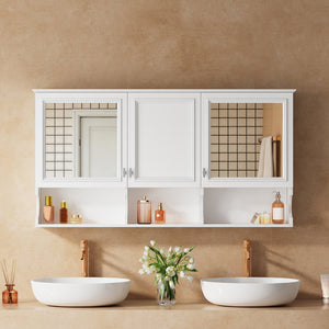 English Elm 55 Inch Wall Mount Medicine Cabinet Dual Mirrored Doors Soft Close Bathroom Vanity Storage N710P401337K