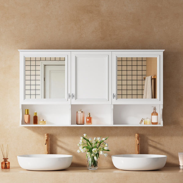 English Elm 55 Inch Wall Mount Medicine Cabinet Dual Mirrored Doors Soft Close Bathroom Vanity Storage N710P401337K