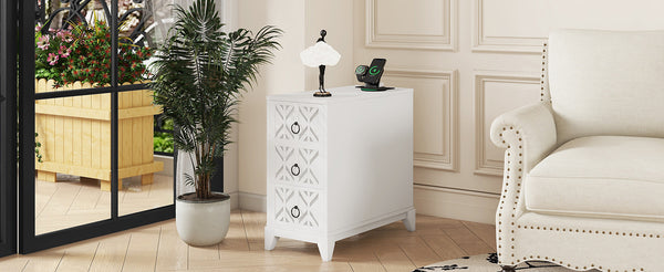 English Elm End Table With 3 Drawers And 2 Open Shelves - Stylish Corner Side Table With Charging Ports In White W2593P289147