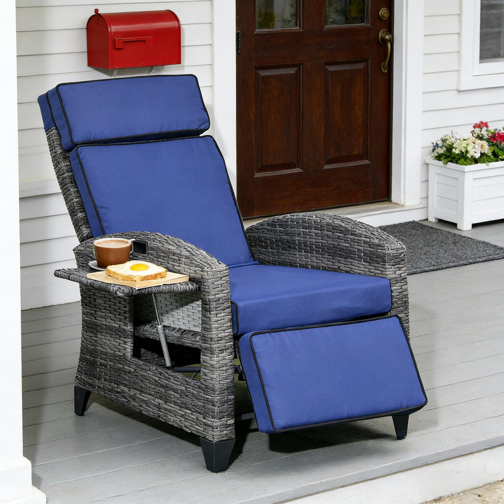 English Elm Reclining Pe Wicker Outdoor Lounge Chair with Footrest and Built-in Side Tray T3971P444413