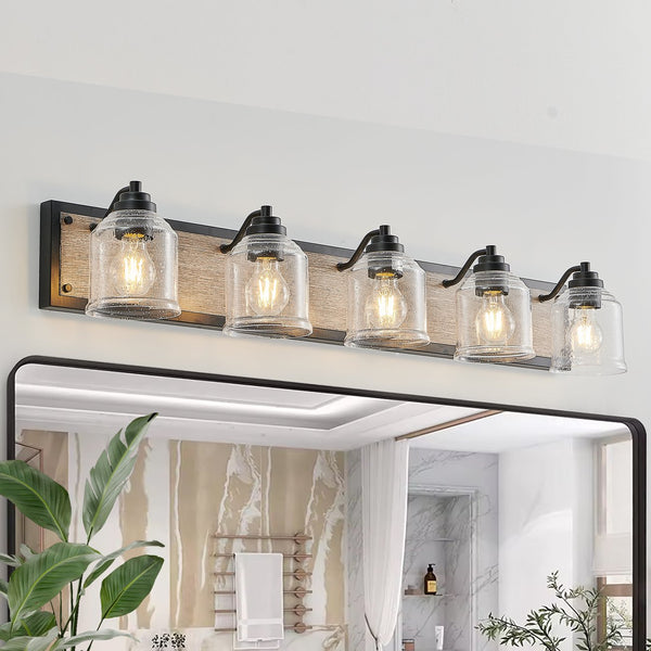 English Elm 40" Farmhouse Vanity Light Fixture - 5-Light Industrial Wall Sconce with Clear Seeded Glass & Wood Backboard, Black Finish W1340P251919