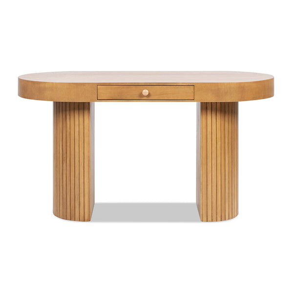English Elm Jennifer Taylor Home - Jesse 55.5" Oval Fluted Console Desk in Honey Brown Rubberwood — Curved Top, Single Drawer, Sturdy Design B2719P277875