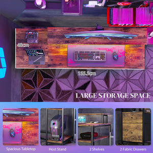 English Elm HOMCOM 61" Gaming Computer Desk with LED Strip, Dual Outlets & USB, Monitor Stand, Storage Drawers W2225P200372