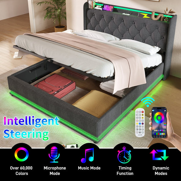 English Elm Queen Upholstered Bed with Surround LED, App/Remote Control, Hydraulic Storage, USB Type-C Charging Gray N736P188807G