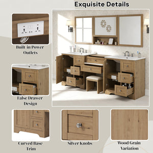English Elm 84" Double Sink Vanity with Stone Countertop Six Soft Close Drawers and Silver Knobs Wood N817P404196B