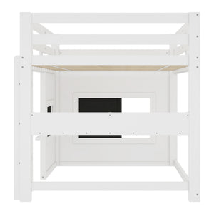 English Elm Twin Loft Bed House Frame with Sliding Chalkboard Built-in Bookshelf and Safety Rails White W1580S00319