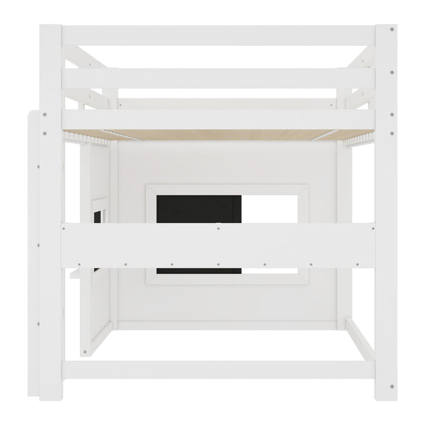 English Elm Twin Loft Bed House Frame with Sliding Chalkboard Built-in Bookshelf and Safety Rails White W1580S00319