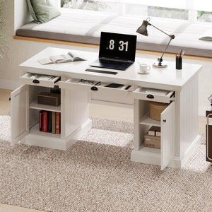 English Elm 67''Modern Executive Desk with 3 Drawers & 2 Cabinets, Spacious White MDF Workstation with Adjustable Shelves and Chic Vertical Edge Design for Home Office N751S211942K