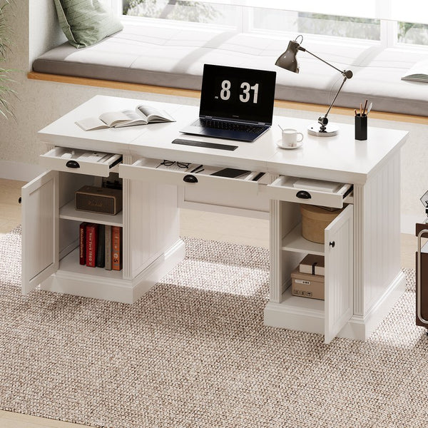 English Elm 67''Modern Executive Desk with 3 Drawers & 2 Cabinets, Spacious White MDF Workstation with Adjustable Shelves and Chic Vertical Edge Design for Home Office N751S211942K