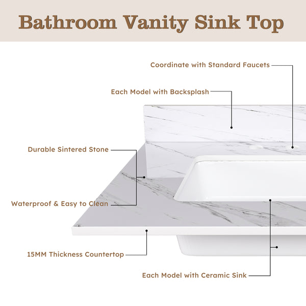 English Elm 31 Inch Marble Vanity Top - Bianco Carrara Venato - Durable Sintered Stone With Undermount Sink & Backsplash W2700P194073