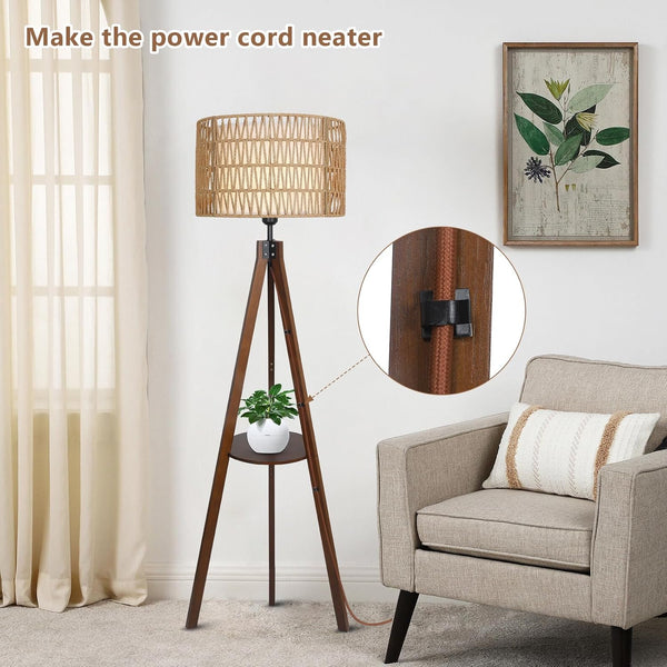 English Elm Boho Rubber Wood Tripod Floor Lamp with Shelves, Dual Rattan & Fabric Shades, Foot Switch Light W2738P185422