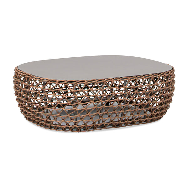 English Elm Jennifer Taylor Home - Willow Oval 40.5" Woven Patio Coffee Table – Golden Brown Wicker, Powder-Coated Aluminum Top, Beige B2719P305702