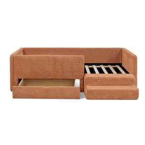 English Elm Twin Boucle Upholstered Kids Bed with Guardrails Built in Storage and Cushioned Step Stool Orange W1413P433367