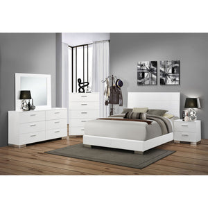 English Elm Dulcey Gloss White Faux Leather Eastern King Bedroom Set with Chrome Accents B062S01499