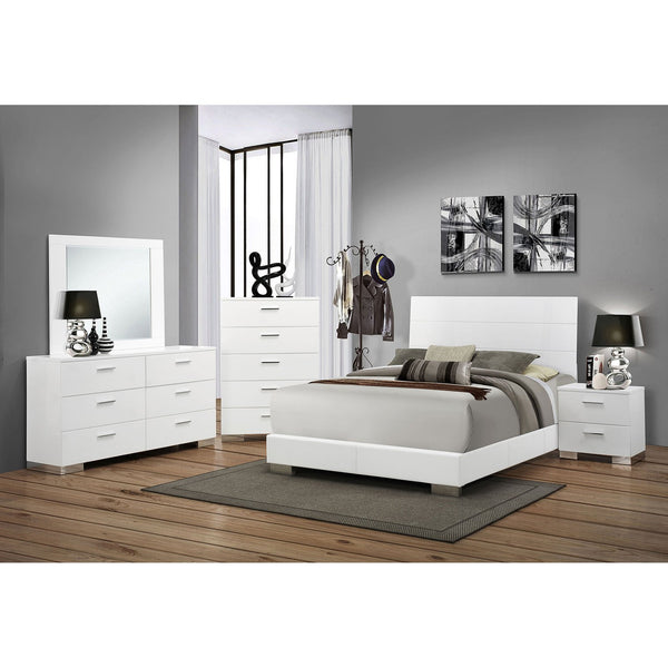 English Elm Dulcey Gloss White Faux Leather Eastern King Bedroom Set with Chrome Accents B062S01499