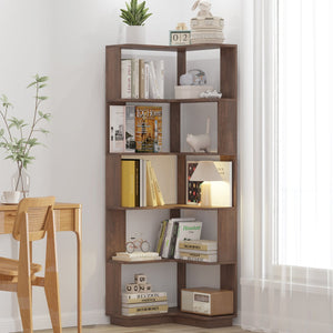 English Elm 6 Tier Freestanding L-Shaped Corner Bookshelf with Anti-Tip, Rounded Corners, 3D Wood Grain Finish Dark Brown W2899P372516