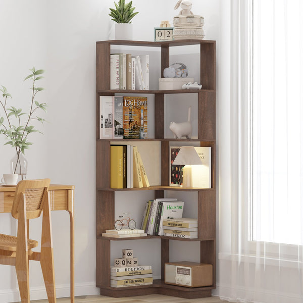 English Elm 6 Tier Freestanding L-Shaped Corner Bookshelf with Anti-Tip, Rounded Corners, 3D Wood Grain Finish Dark Brown W2899P372516