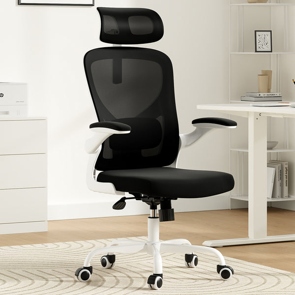 English Elm Ergonomic Office chair with adjustable headrest and lumbar support, breathable mesh, space-saving design Black,White T3623P368416