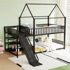 English Elm Full Metal House Bunk Bed with Slide Storage Stairs and Safety Rails for Kids W1580S00345
