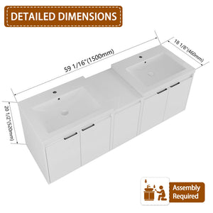 English Elm 60" Modern Wall-Mounted Bathroom Vanity with Resin Sink, Soft-Close Doors, Side Cabinet, Glossy White W999S00423