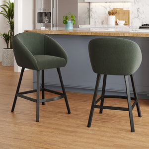 English Elm Bar Upholstered Counter Stool Set of 2 with Back and Armrests, Velvet Seat, 27" Comfort Height, Durable Green T3623P407972