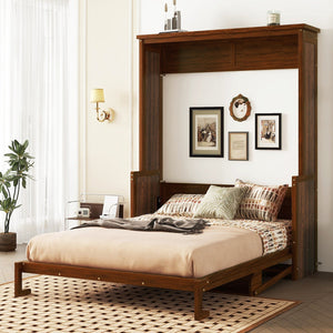 English Elm Queen Murphy Wall Bed with Integrated Desk Gas Strut Lift White Cabinet for Small Spaces Walnut W504S00226