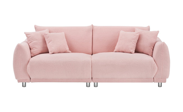 English Elm 86.6 Inch Teddy Fleece Three-seat Sofa with Silver Legs and Four Plush Pillows Pink W1658S00161