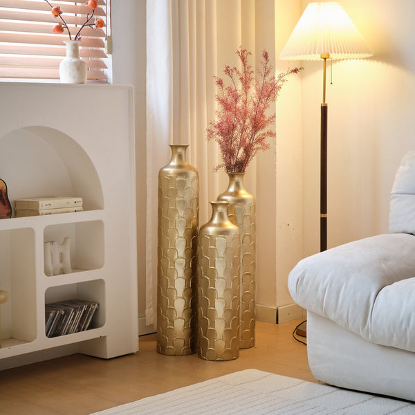 English Elm Floor Metal Vases Set Of 3 - Elegant Tall Decor With White And Gold Accents For Modern Interiors W2796P237520