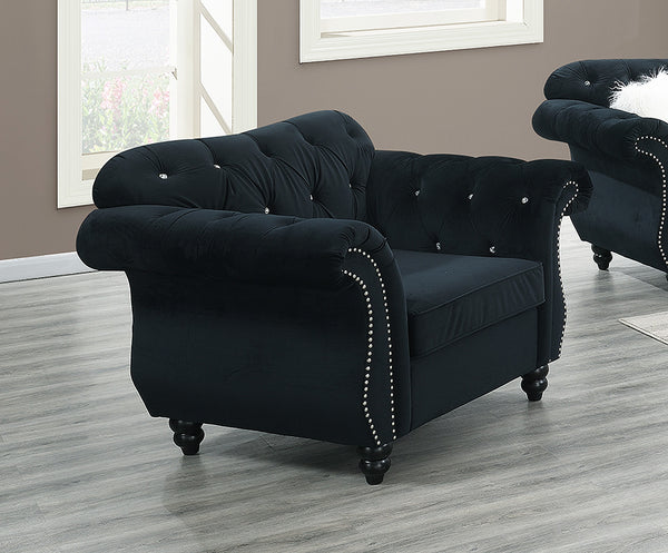 English Elm Black Velvet 3Pc Sofa Set - Luxurious Upholstered Furniture With Crystal Tufting & Nailhead Trim B011S01701